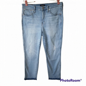 J Crew Vintage Straight released frayed hem distressed blue jeans.